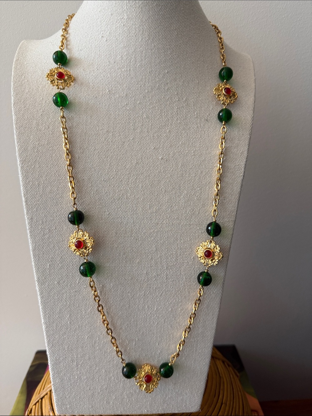 Monet Vintage 1980’s Gold Plated Long Station Necklace with Red & Green Accents.
